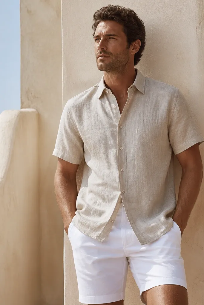 A men's beige-sand linen button-front shirt laid open and buttoned at the top two buttons, paired with bright white shorts. The shirt has short sleeves, a soft collar, and visible natural texture. Bright daylight shows light wrinkles and a clean drape.