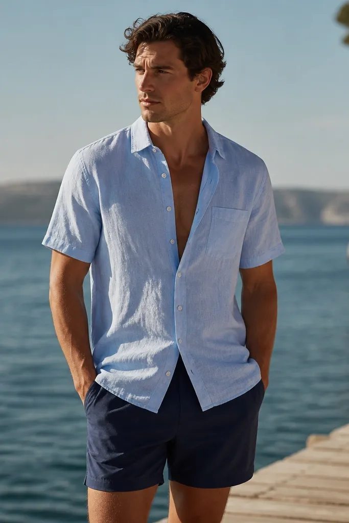 A pale blue linen short-sleeve shirt worn over navy swim trunks. The shirt is slightly unbuttoned, collar open, and the fabric shows fine creasing. The trunks have a simple solid color with no loud pattern.