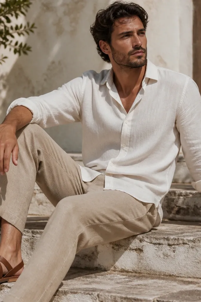 An off-white linen shirt with long sleeves rolled to forearms, worn with light tan trousers or linen-blend pants and tan leather sandals. The shirt collar sits open, and the fabric shows natural linen slubs.