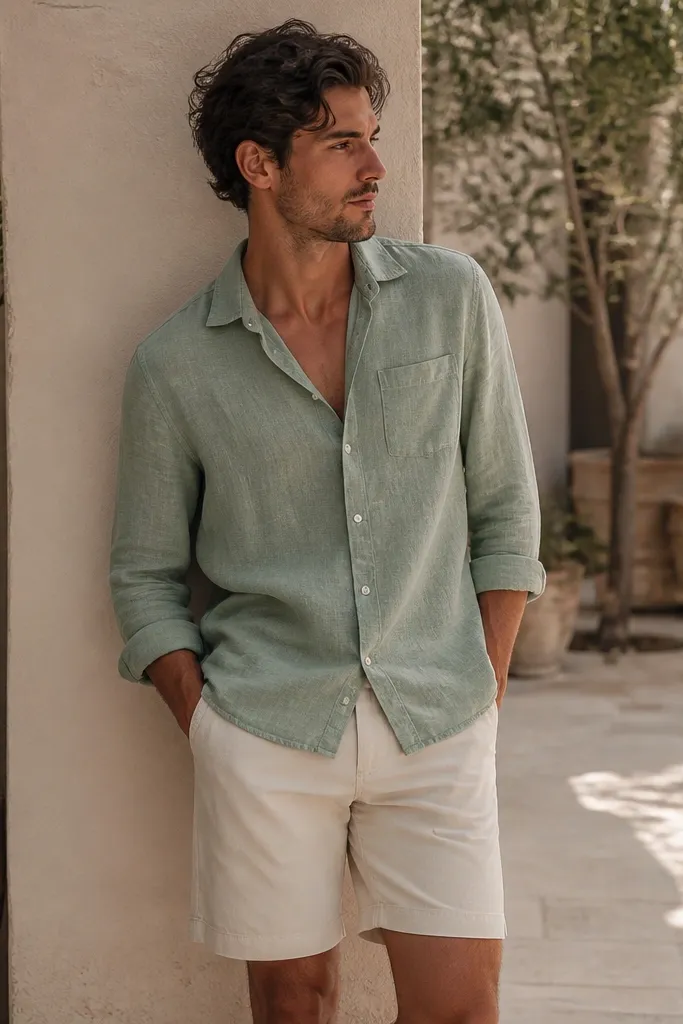 A sage green linen shirt buttoned halfway, paired with ecru chino shorts. The shirt has a relaxed collar and visible linen grain. The outfit is photographed outdoors with soft shadows.