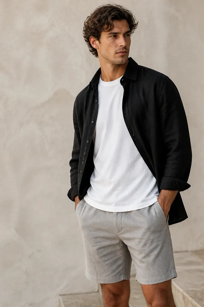 A black linen shirt worn open like an overshirt over a plain white tee, with light gray tapered shorts. The black fabric shows texture and subtle wrinkles, collar open.