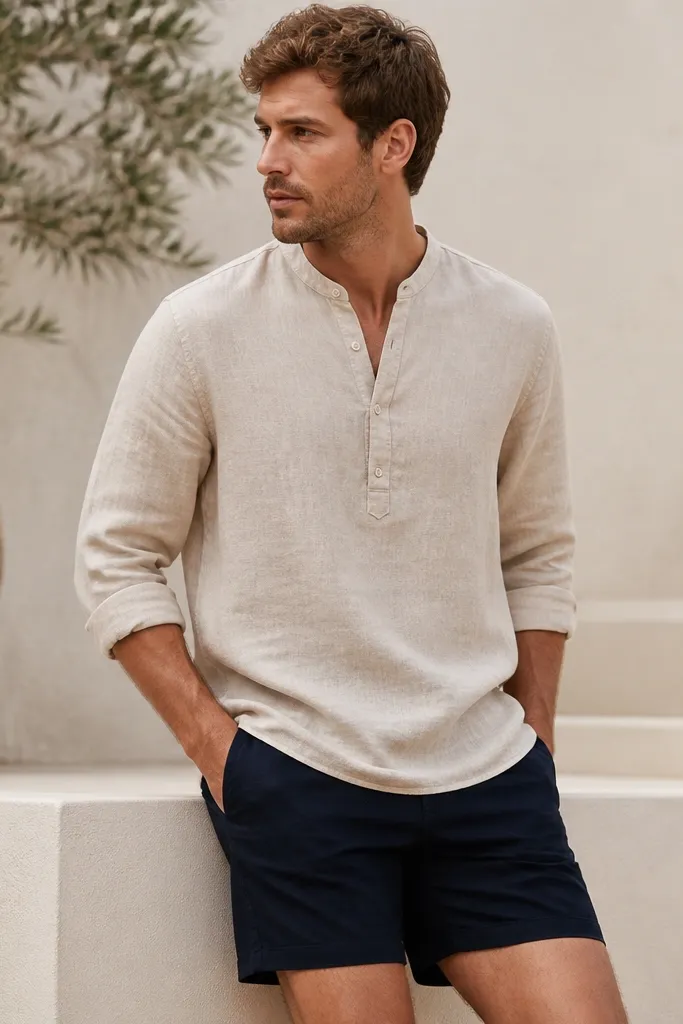 A linen shirt with a minimal front (few buttons or partial placket), worn with sleeves rolled to the forearms. The fabric hangs straight and the front looks clean. It's paired with solid shorts.