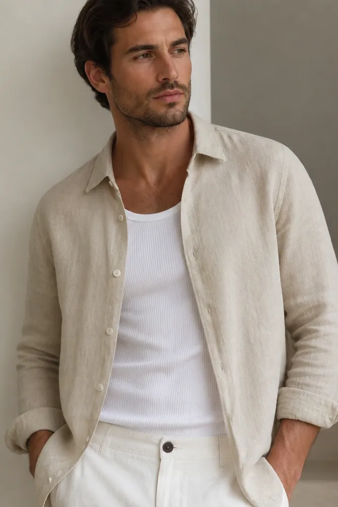 A long-sleeve linen shirt in light beige worn open over a ribbed white tank top. Sleeves are cuffed with a clean roll at the wrist. The shirt drapes loosely but not baggy.