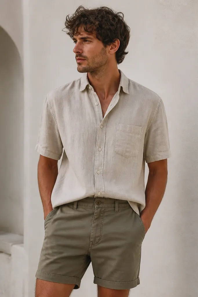 A linen button-front shirt tucked only at the front into mid-rise shorts or chinos. The back hangs loose. The shirt collar is open and sleeves are short.