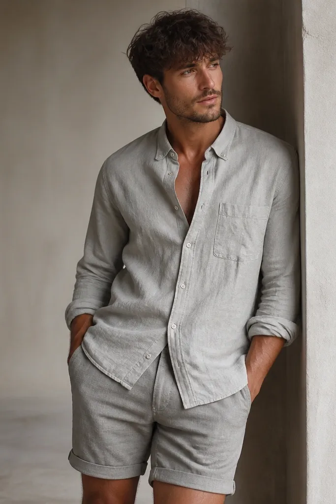 A light gray linen shirt paired with slightly darker gray shorts. The outfit is monochrome. The shirt is unbuttoned at the top and shows subtle linen creases.