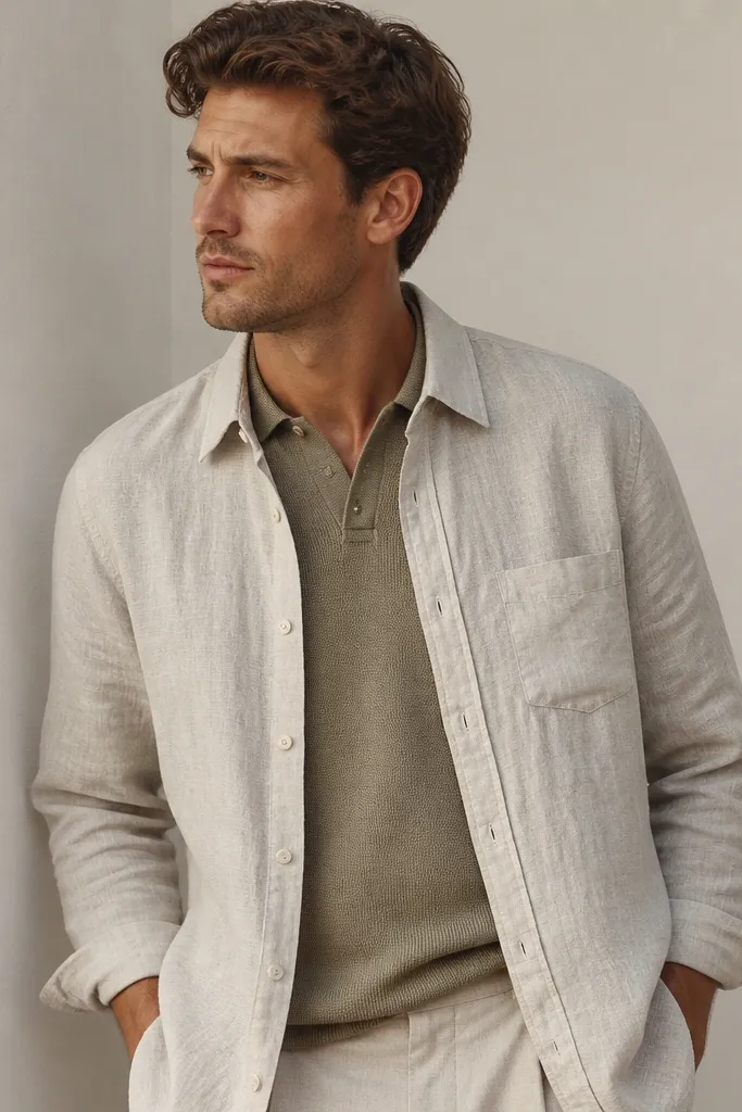 A linen shirt worn open over a knit polo in a muted color. The polo collar peeks out. The linen shows natural slubs and relaxed wrinkles.
