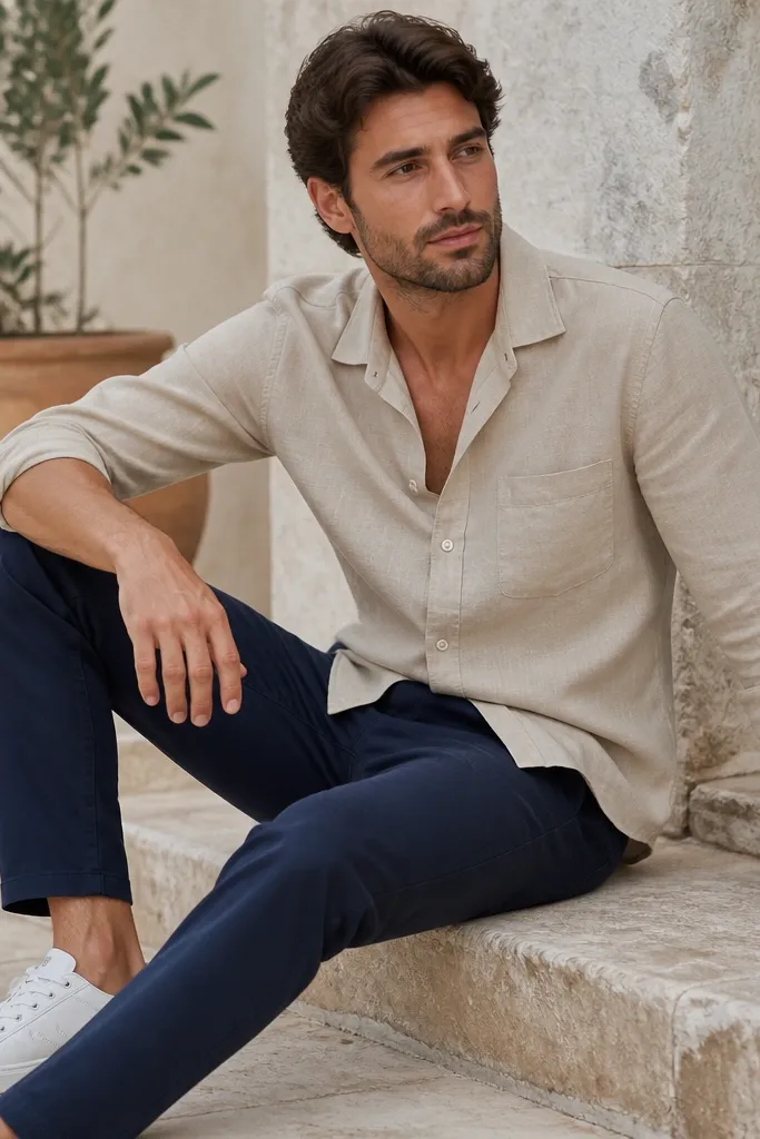 A men's linen blend shirt in warm stone beige with a Cuban collar, worn open at the neck. Sleeves are rolled to mid-forearm. The outfit is paired with navy chinos and white low-top sneakers.