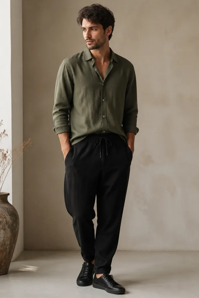 An olive green button-down linen blend shirt with visible buttons and a slightly open neck. Paired with black drawstring pants and black canvas sneakers.