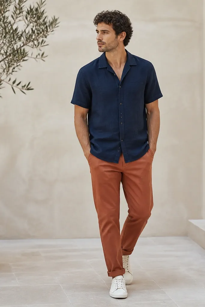 A deep navy linen blend shirt with short sleeves, worn with rust terracotta chinos and off-white sneakers.