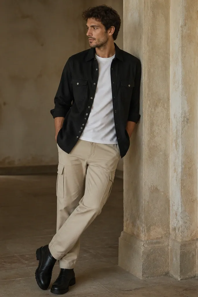 A black linen blend overshirt with button pockets and rolled sleeves. It's worn over a plain white tee and paired with beige cargo trousers and black boots.