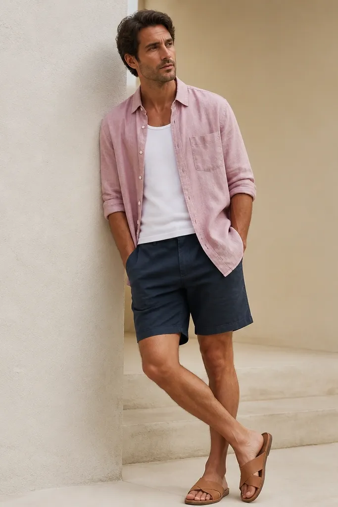 A dusty pink linen blend shirt with a chambray look, worn open with a white tank underneath. Paired with navy shorts and tan leather slides.