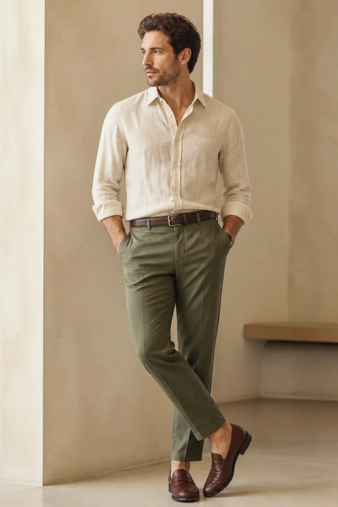 A cream linen blend shirt with a subtle texture, worn tucked into olive tapered trousers. Brown belt and loafers complete the outfit.
