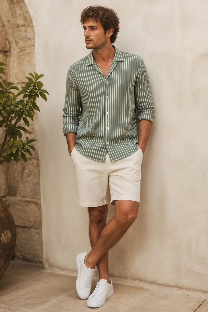 A green striped linen blend shirt with a relaxed collar, buttoned at the chest. Styled with off-white chino shorts and white sneakers.