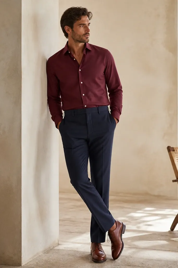 A burgundy linen blend button-up shirt with a structured collar, worn tucked into navy trousers. Brown leather shoes finish the look.