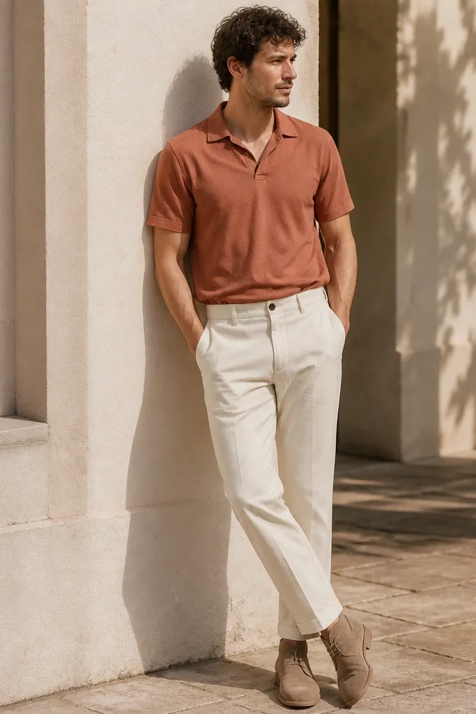 A terracotta linen polo with a soft collar and short sleeves tucked into ecru canvas chinos. The shoes are tan suede chukkas. There's a linen-like texture visible in the fabric under sunlight.