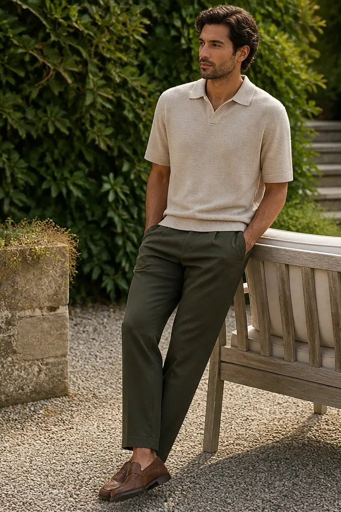 A sand linen polo with a relaxed fit paired with dark olive trousers. The trousers have a subtle taper and are worn with brown leather loafers. The setting looks like a garden with wooden chairs.
