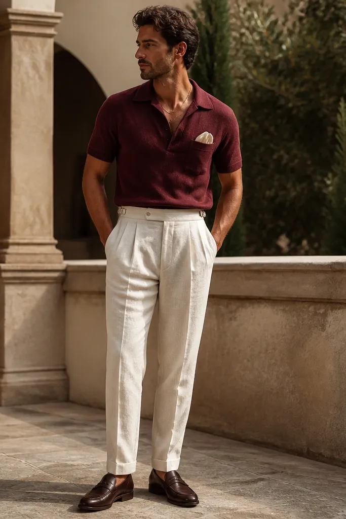 A burgundy linen polo tucked into cream pleated trousers. The shoes are dark brown leather derby-style loafers. The man wears a thin gold chain and a linen pocket square in the same cream tone.
