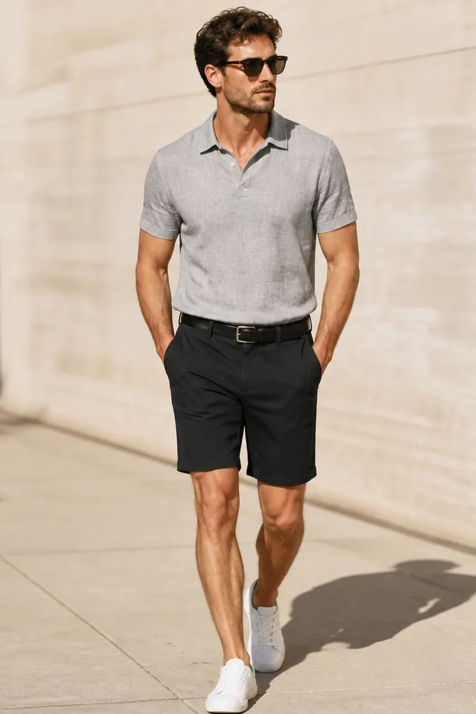 A heather gray linen polo worn with black chino shorts. The collar is slightly open, and the outfit includes white sneakers and a black leather belt. The background is a concrete sidewalk in bright sun.
