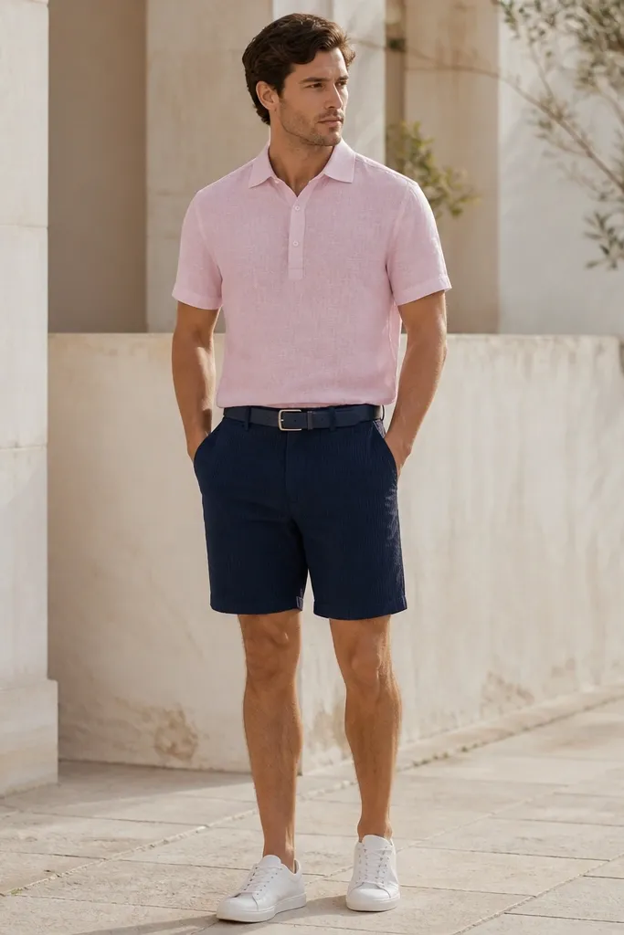 A light pink linen polo paired with navy seersucker shorts. The man wears white canvas sneakers and a navy belt. The polo buttons are done up to the second button, showing a clean collar line.