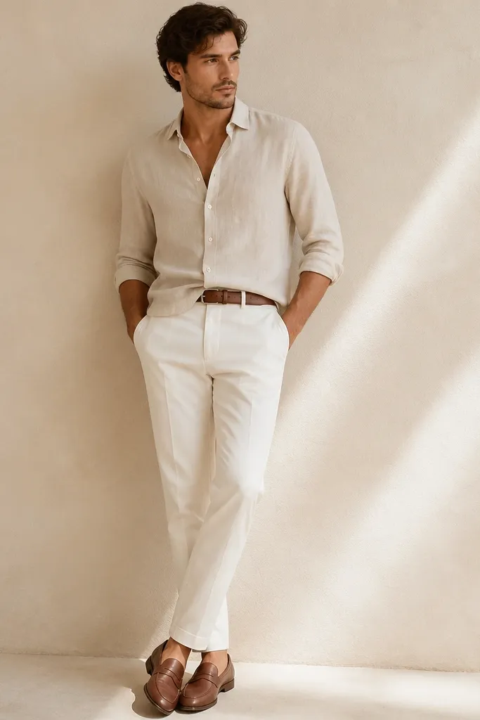 A cream linen button-up worn half-tucked into off-white chinos; sleeves are rolled to mid-forearm. Cognac leather loafers and a matching brown belt. Light beige background, natural daylight.