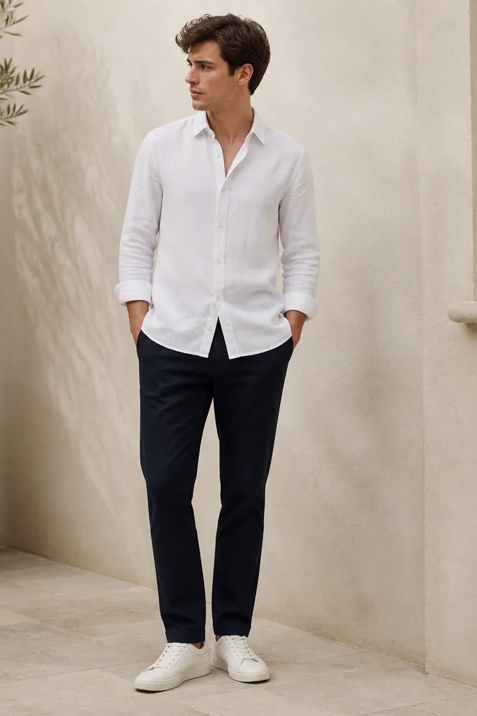 A white linen shirt worn untucked over navy chinos. The shirt is slightly open at the top button. White leather low-top sneakers show with a neat hem break.