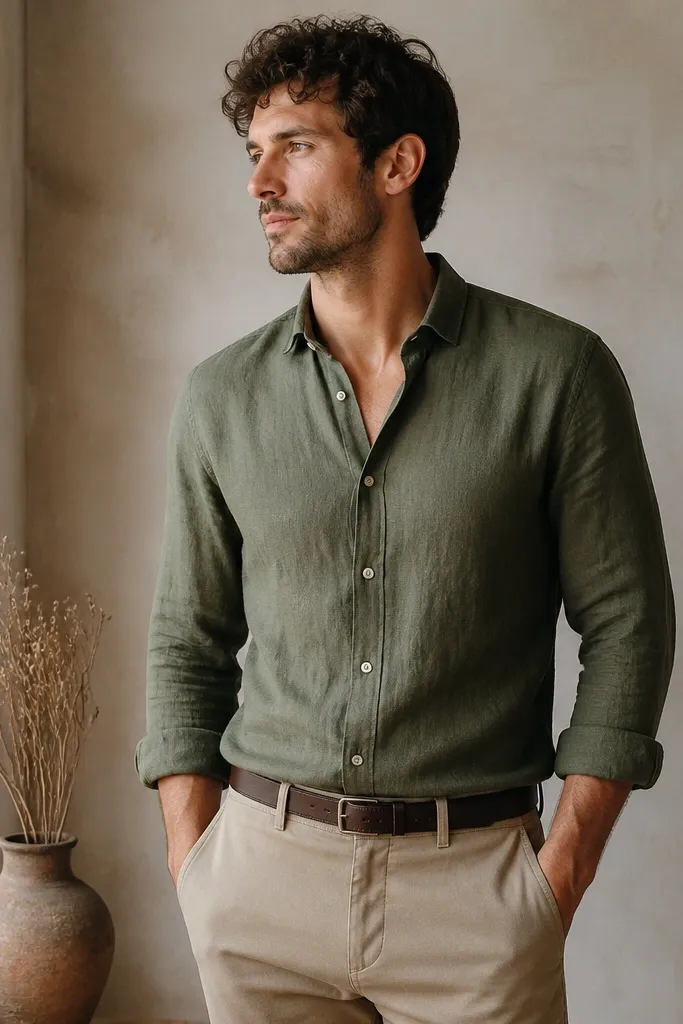 An olive green linen shirt buttoned halfway, worn with khaki chinos. Dark brown belt, leather shoes out of frame. The shirt collar is open, sleeves rolled once.
