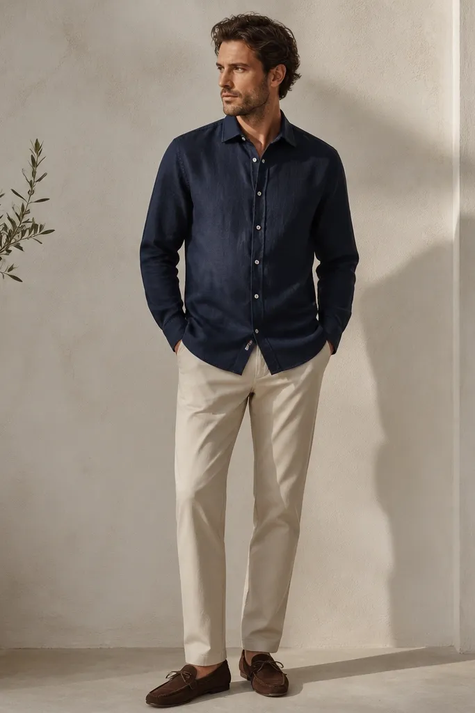 A deep navy linen shirt with a relaxed collar sits over light beige chinos. The shirt is fully buttoned. Suede driving shoes in dark brown appear at the bottom.