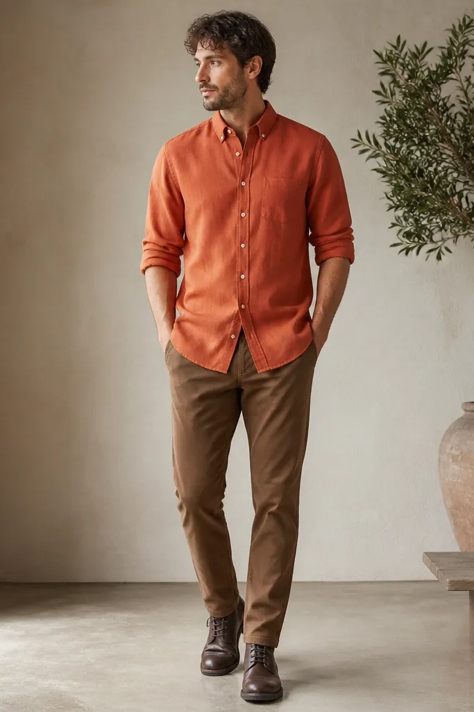 A rust-orange linen shirt worn untucked over tobacco brown chinos. The shirt has a button-down collar and sleeves rolled above the elbow. Leather boots in dark brown.