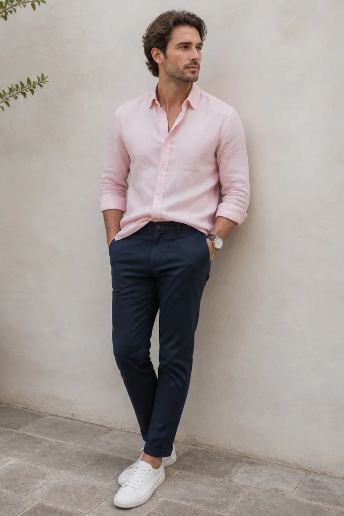 A pale pink linen button-up worn half-tucked into navy chinos. Sleeves are rolled to mid-forearm. White canvas sneakers and a simple silver watch.