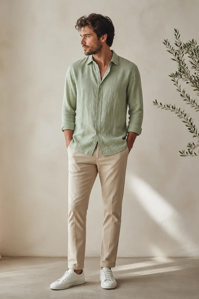 A light green linen shirt with an open collar. Beige chinos are worn with a slight taper. White sneakers sit under a clean hem break.