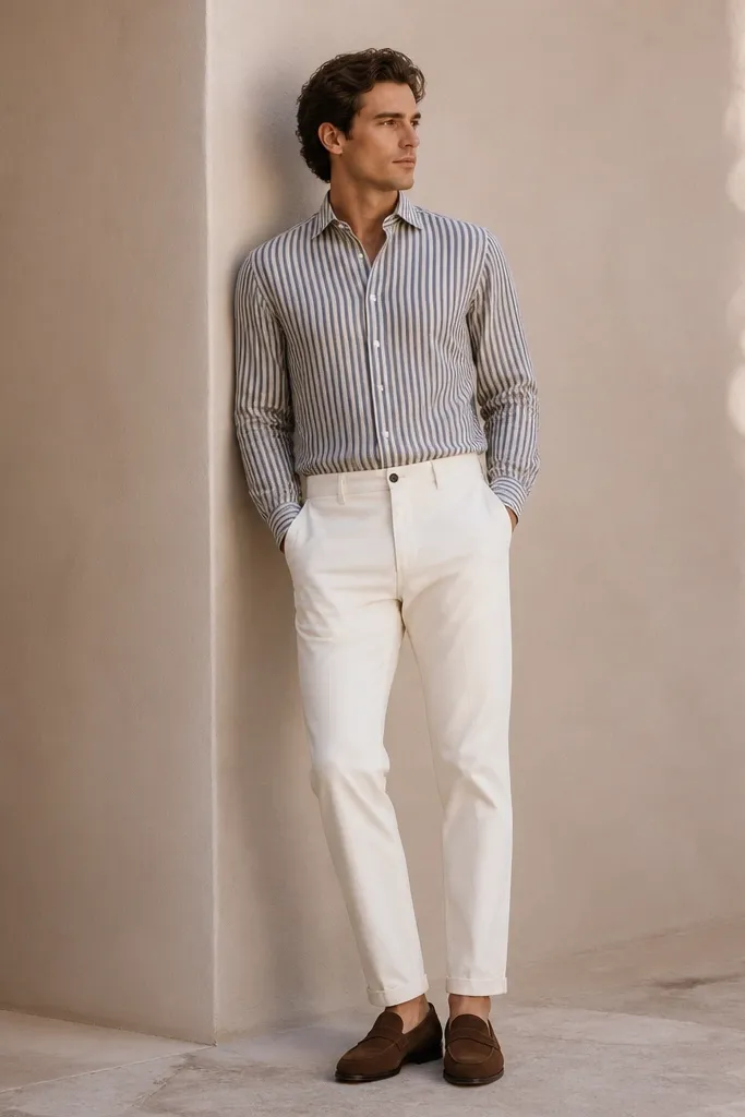 A linen shirt with thin vertical stripes in navy and cream. It's worn buttoned and fully tucked into off-white chinos. Brown loafers appear with a neat hem.