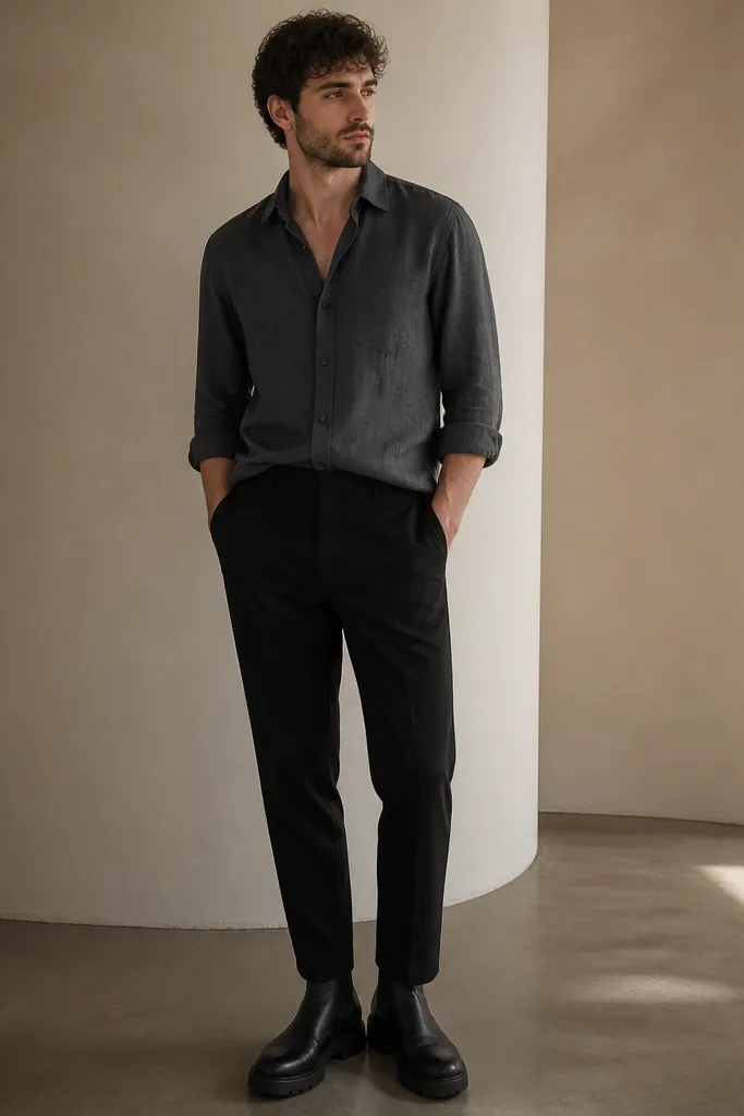A charcoal gray linen shirt with long sleeves rolled once, worn over black chinos. The shirt is tucked at the front. Dark leather boots with a thick sole.