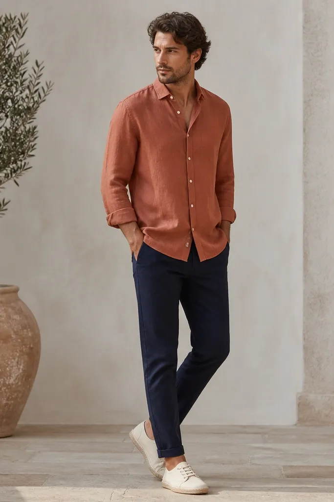 A terracotta linen shirt worn untucked over navy chinos. Sleeves are rolled once. Shoes are light espadrille-style sneakers with a natural rope sole.