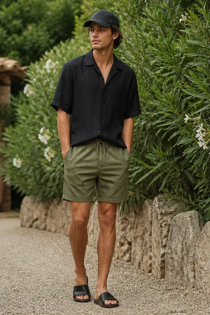 A black linen shirt with a relaxed fit and short sleeves, paired with olive-green drawstring shorts. The outfit includes black slides and a dark cap, photographed outdoors near greenery.