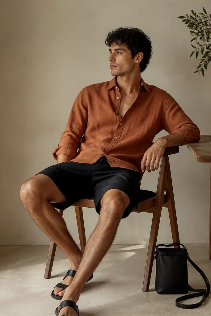 A terracotta/orange-brown linen shirt worn with the top button open, paired with black shorts that have a slight taper and side pockets. Black leather sandals and a small crossbody bag sit beside the model.