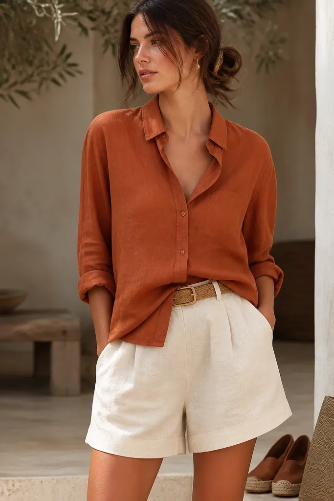A rust-colored linen shirt with a relaxed fit, worn half-tucked into cream shorts. A woven belt in tan sits at the waist, with espadrilles and a linen tote in the background.