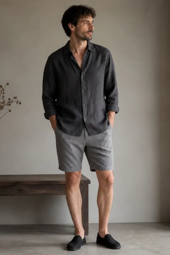 A charcoal grey linen shirt with a relaxed collar, paired with medium grey shorts. The shoes are black slip-ons and the outfit is photographed indoors with soft light.