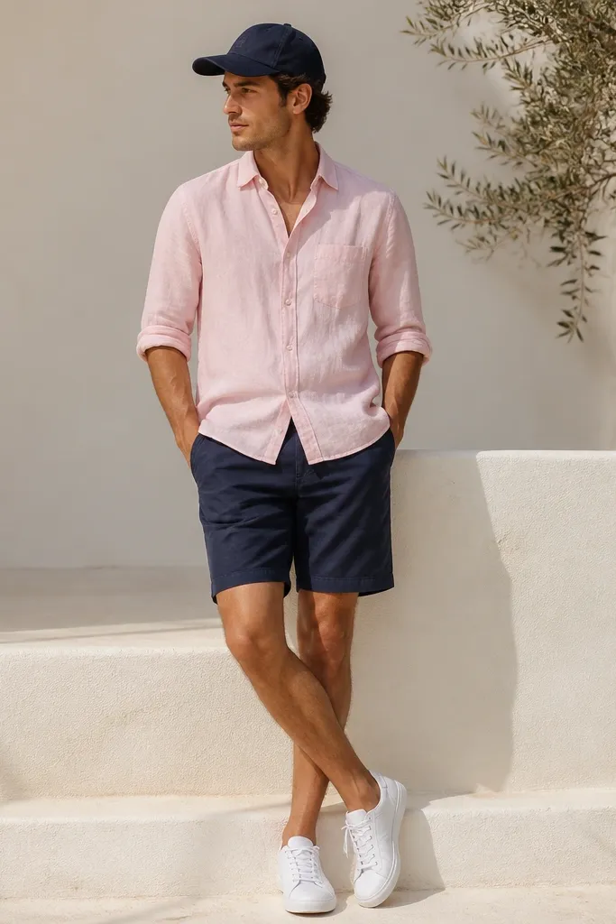 A pale pink linen shirt with buttons down and sleeves rolled, paired with navy shorts that have a clean flat front. White sneakers and a navy cap complete the look.