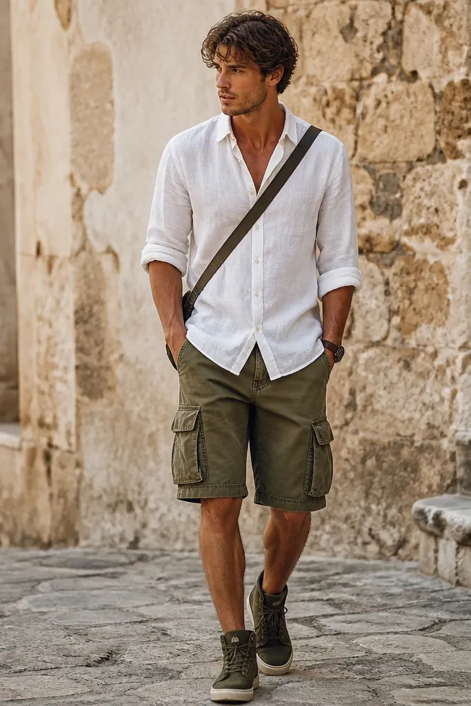 A white linen shirt worn with the top button open, paired with olive cargo shorts with visible pockets and a slightly wider leg opening. Outfit includes dark green boots/sneakers and a crossbody strap.