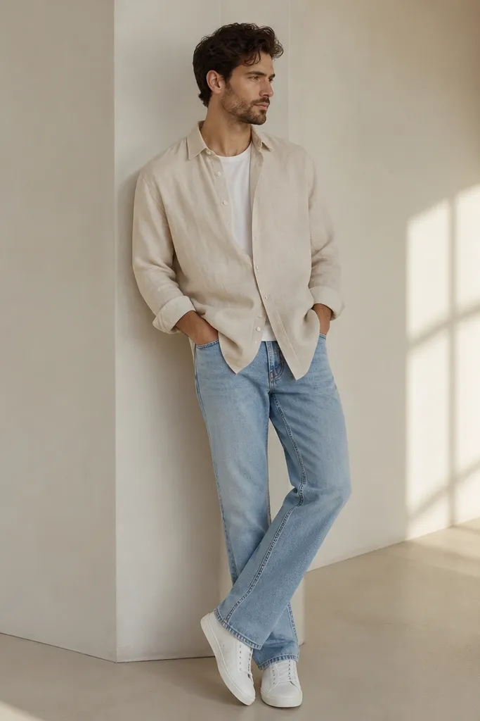 A cream linen button-up worn open at the top with a white tee underneath, paired with light stonewash straight-leg blue jeans and clean white sneakers. The sleeves are rolled once, and the shirt is untucked with a relaxed drape.