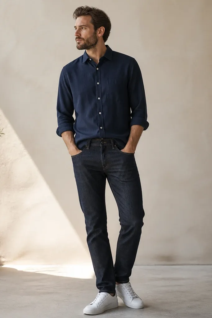 A navy linen button-up worn fully buttoned, sleeves rolled to the forearm, paired with dark indigo jeans. The shoes are white low-top sneakers, and the shirt is lightly tucked at the front.