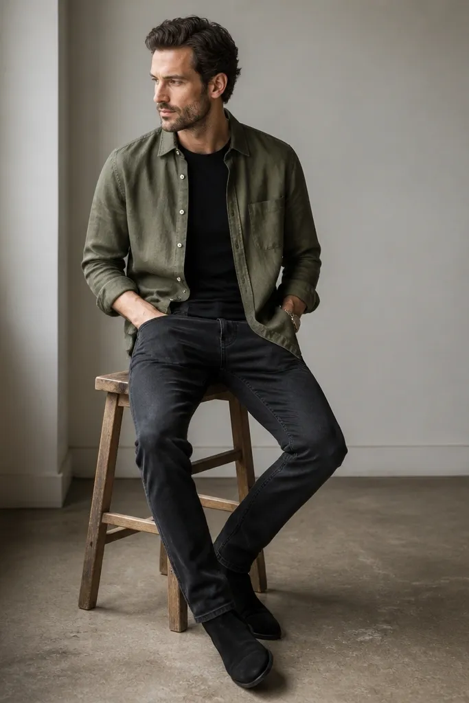 An olive green linen shirt left open over a dark crewneck, worn with charcoal jeans. The person wears black suede boots, and the shirt sleeves are rolled once.