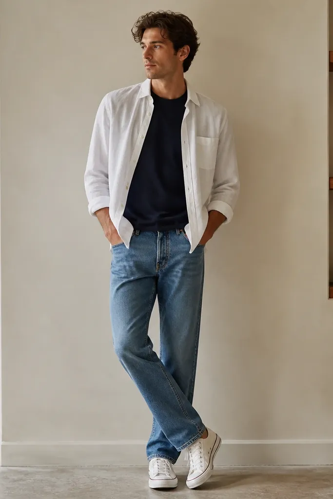 A white linen shirt worn unbuttoned over a navy crewneck tee. The person wears medium-wash jeans with a straight leg and white canvas sneakers.