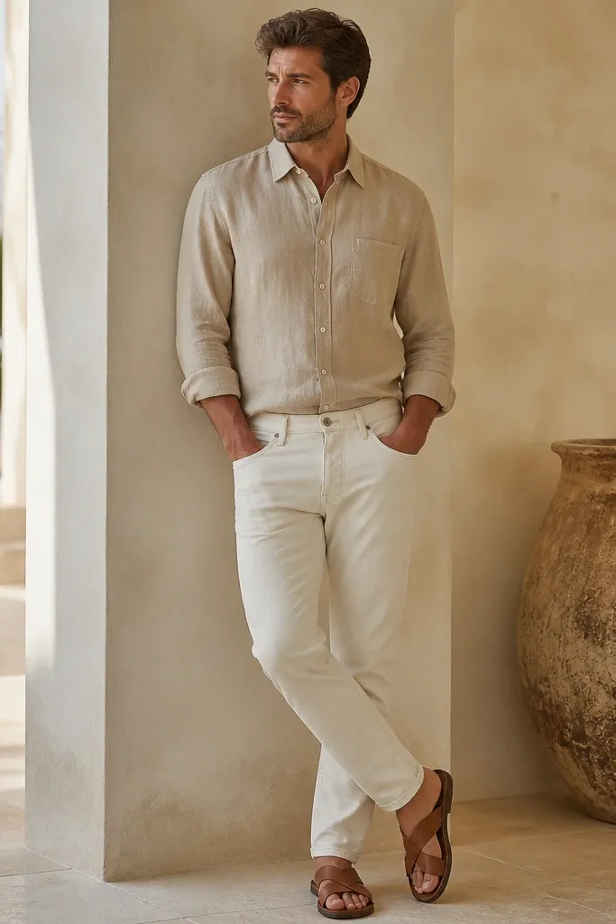 A sand-colored linen shirt buttoned and lightly tucked, paired with ecru or off-white jeans. Tan leather sandals finish the look, with the shirt sleeves rolled once.