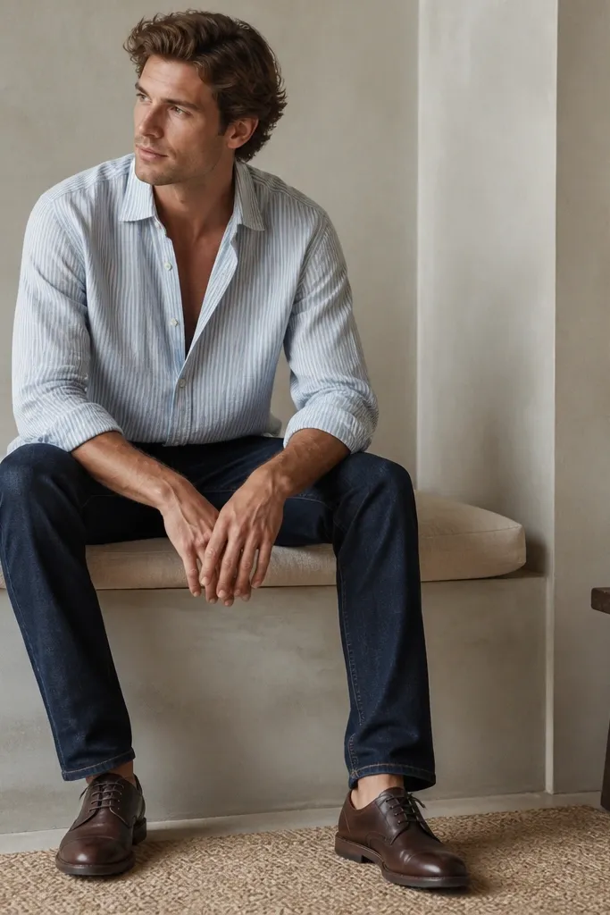 A subtle striped linen button-up in light blue and cream, worn slightly open with sleeves rolled once. It's paired with dark wash jeans and dark brown leather shoes.