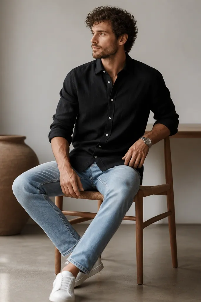 A black linen shirt worn buttoned with sleeves rolled to the forearm, paired with light blue jeans. White sneakers and a simple silver watch are visible.