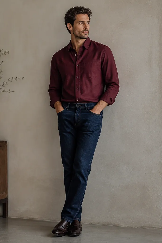 A burgundy linen shirt buttoned and neatly pressed, paired with indigo jeans. The person wears dark leather loafers and keeps the shirt hem slightly tucked.