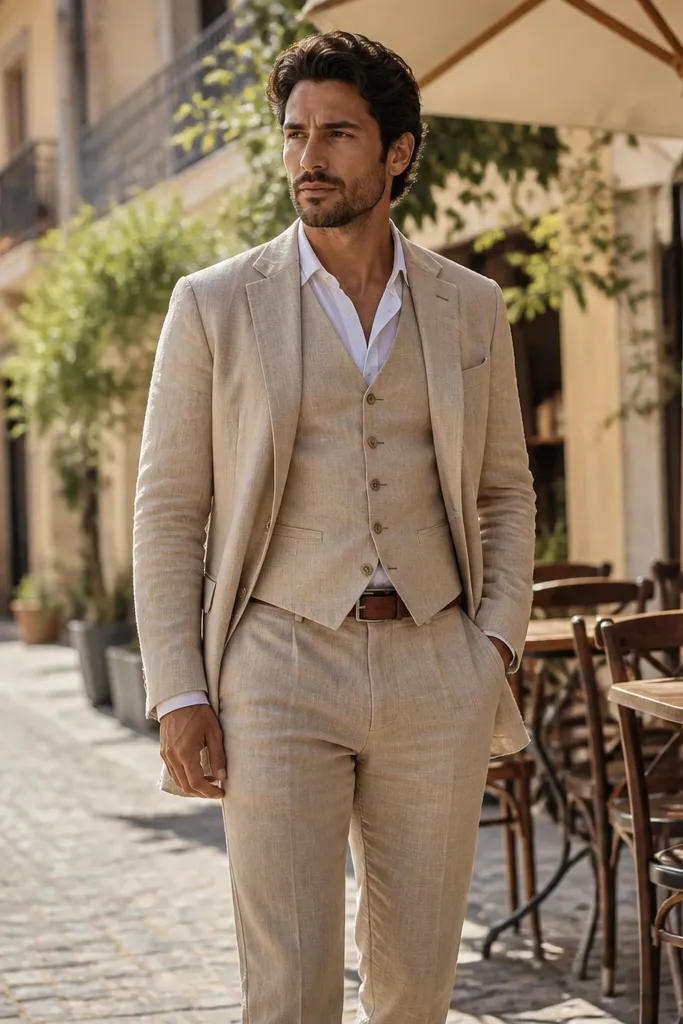 Beige sand linen suit with chocolate brown belt and tan shoes