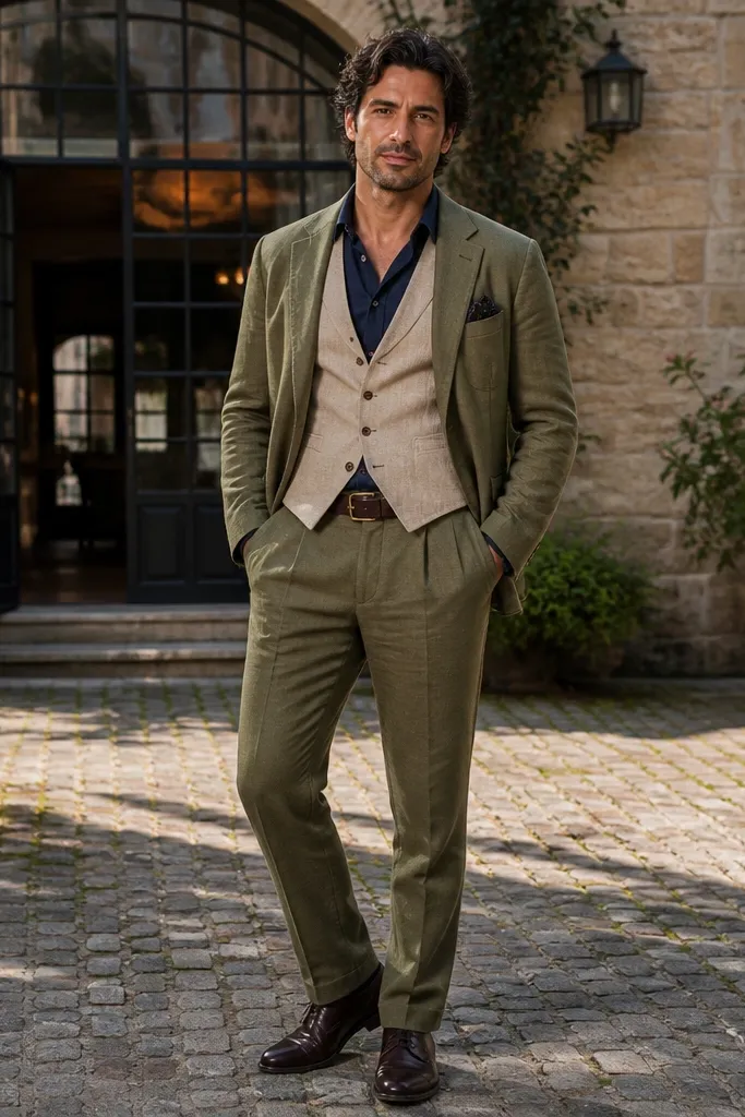 Olive linen jacket with ecru waistcoat and navy shirt