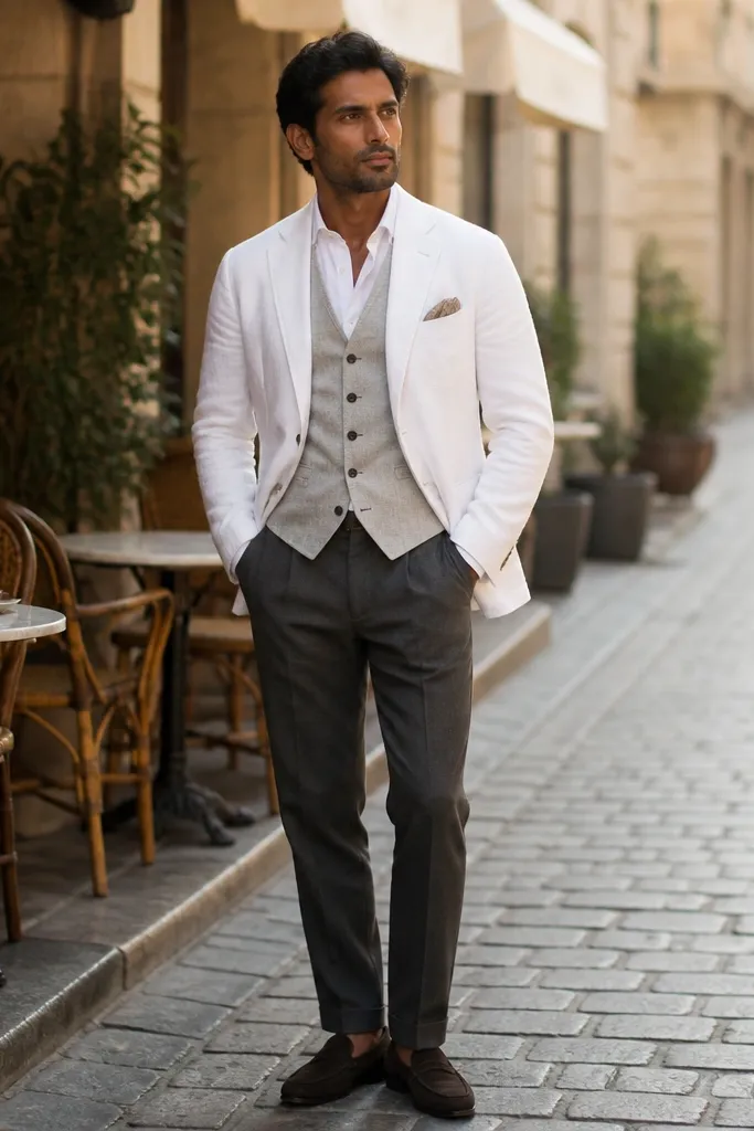 White linen jacket with light gray waistcoat and charcoal trousers